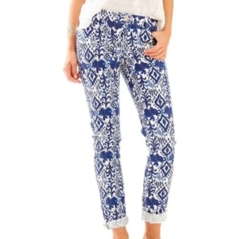 Lilly Pulitzer Worth Skinny Pants Blue White Elephant Ikat Print Size 0